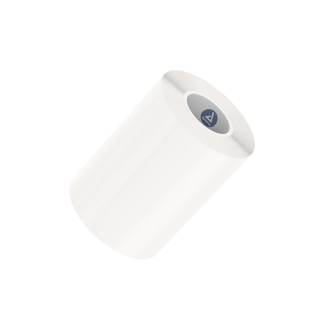 A cylindrical white filter with a ribbed surface is shown at an angle on a white background. The top end features a circular label resembling packaging for Dynarex CurPro Clear Surgical Tape.